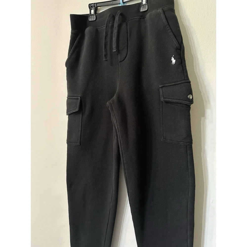 Polo Ralph Lauren Boys Fleece Cargo Joggers Black Pant Youth Size L White Pony